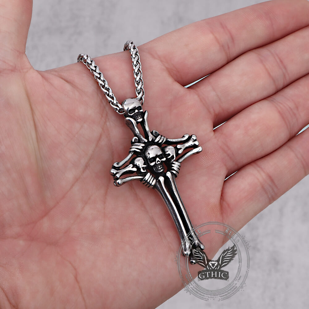Gothic Bone Skull Stainless Steel Cross Pendant