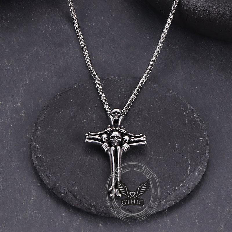 Gothic Bone Skull Stainless Steel Cross Pendant