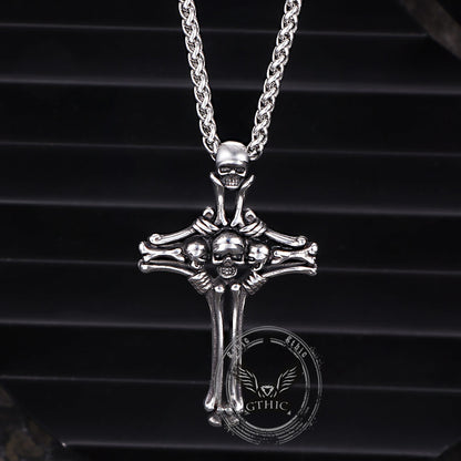 Gothic Bone Skull Stainless Steel Cross Pendant