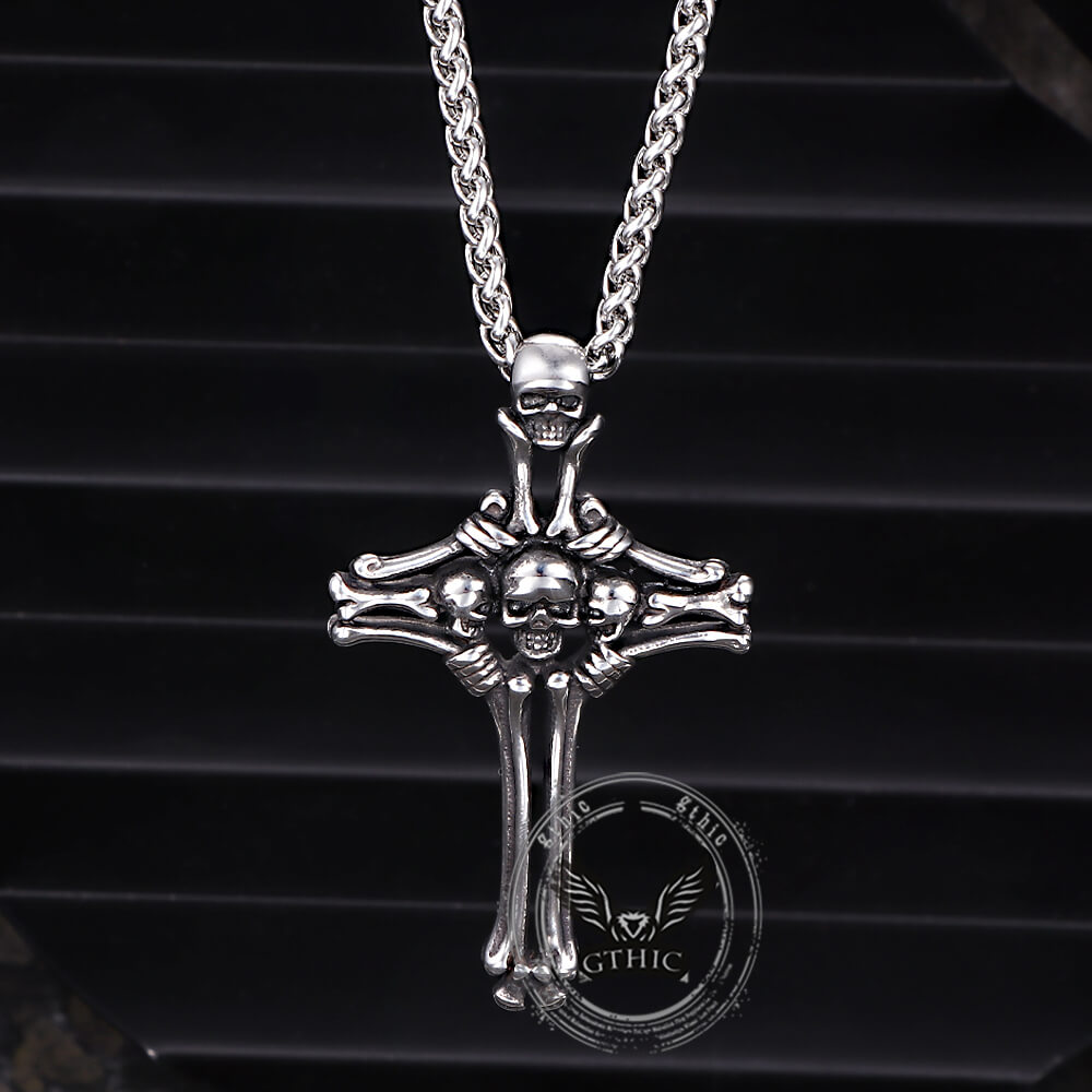 Gothic Bone Skull Stainless Steel Cross Pendant