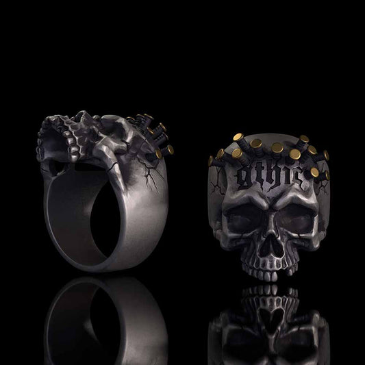 Gothic Bullet Crown Skull Sterling Silver Ring