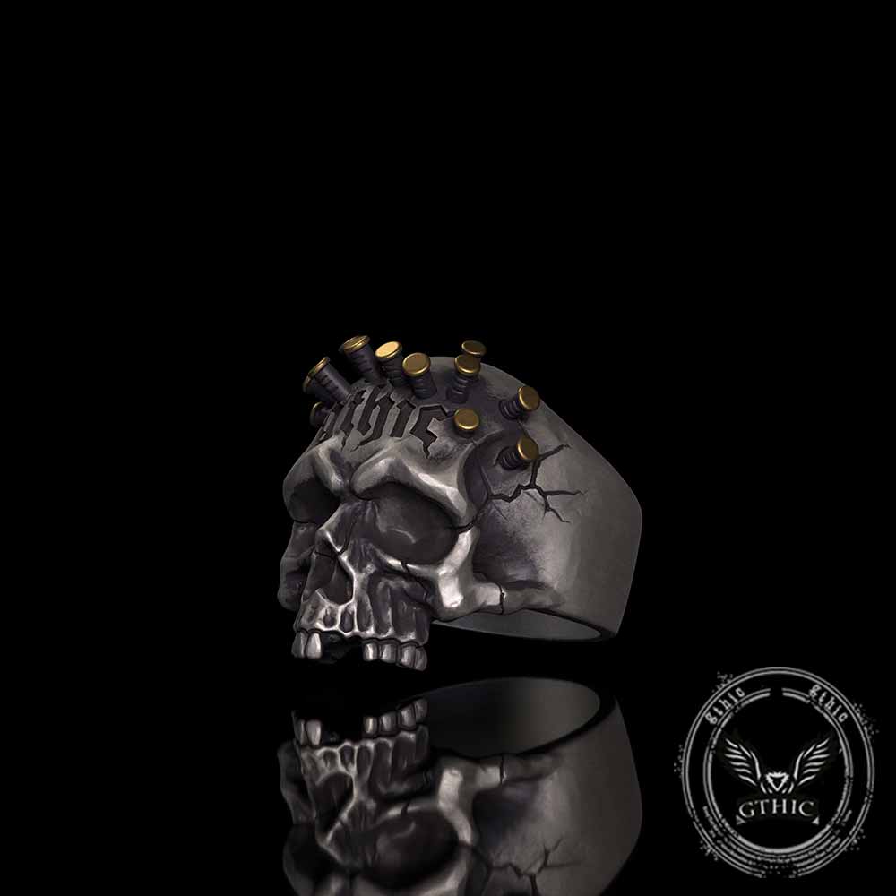 Gothic Bullet Crown Skull Sterling Silver Ring