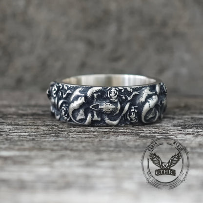 Gothic Coiled Snake Rose Sterling Silver Skull Ring