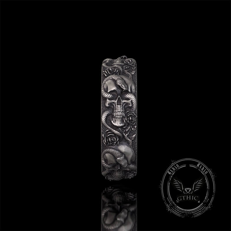 Gothic Coiled Snake Rose Sterling Silver Skull Ring