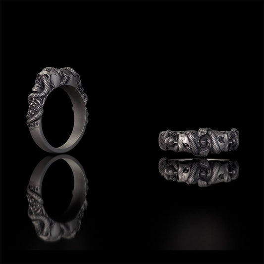 Gothic Coiled Snake Skull Sterling Silver Ring