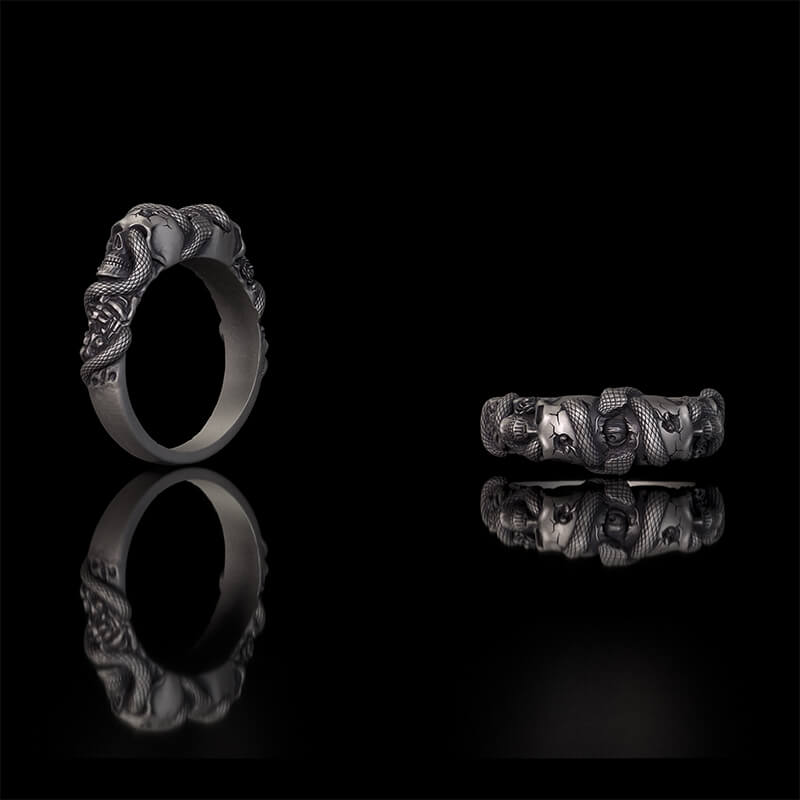 Gothic Coiled Snake Skull Sterling Silver Ring