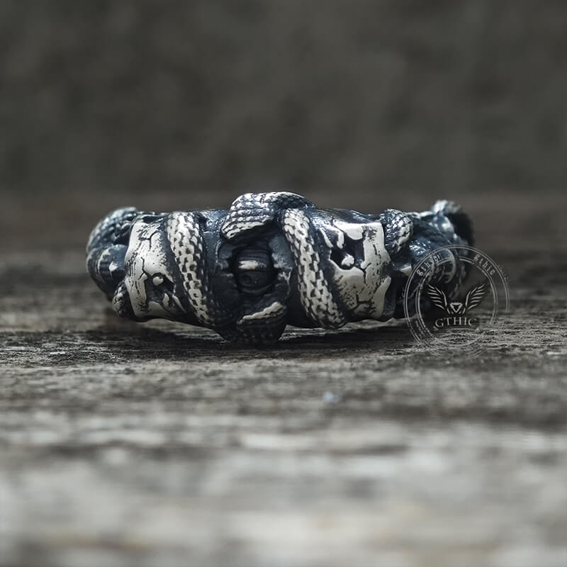 Gothic Coiled Snake Skull Sterling Silver Ring