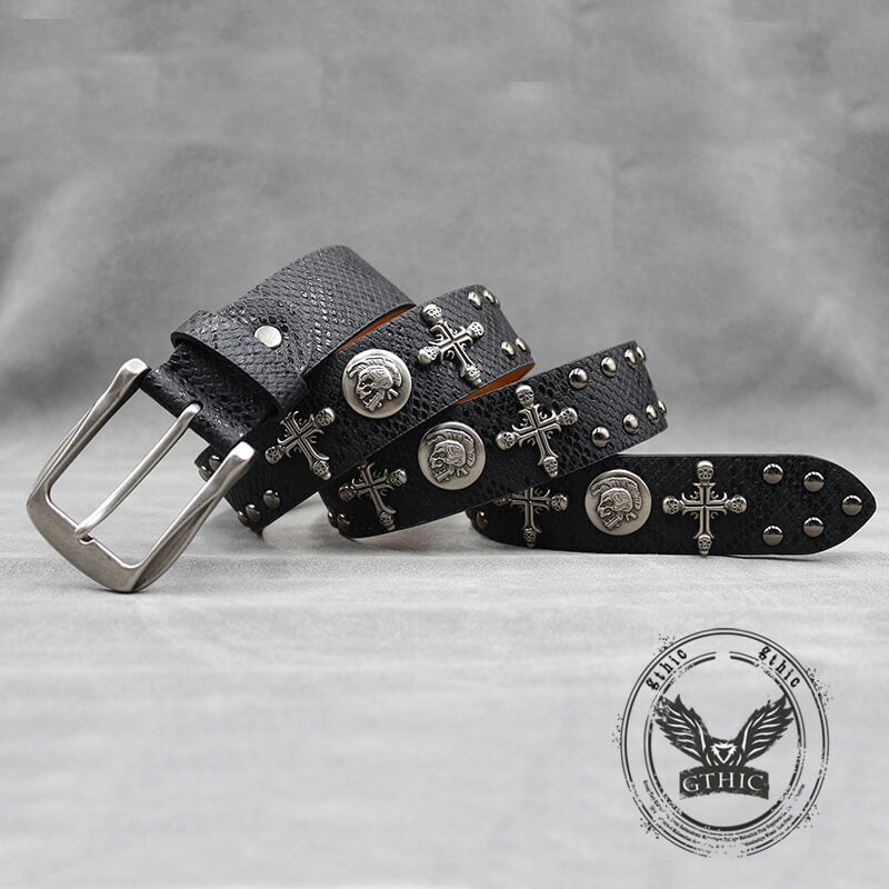 Gothic Cross Skull Rivet Snake Pattern Pu Leather Belt