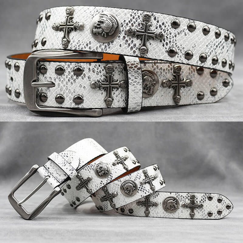 Gothic Cross Skull Rivet Snake Pattern Pu Leather Belt