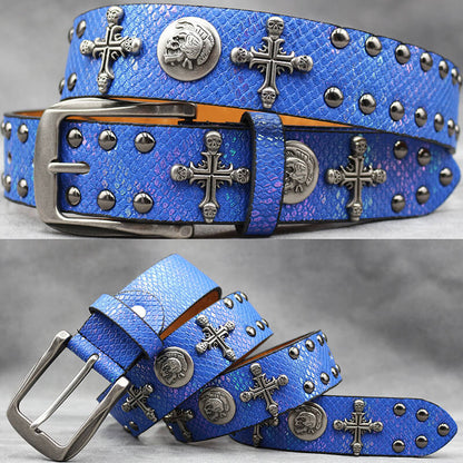 Gothic Cross Skull Rivet Snake Pattern Pu Leather Belt