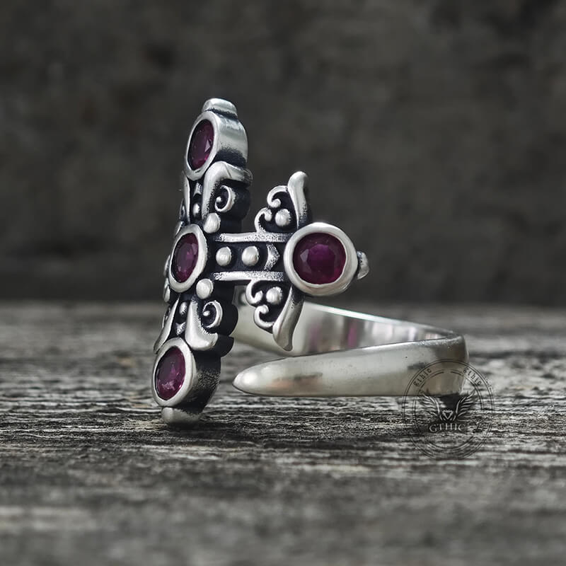 Gothic Curved Sword Sterling Silver Gem Ring