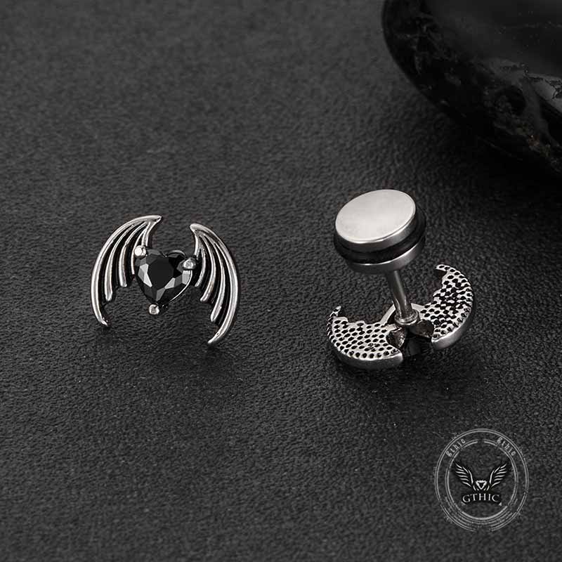 Gothic Devil Wings Heart Zircon Stainless Steel Earrings