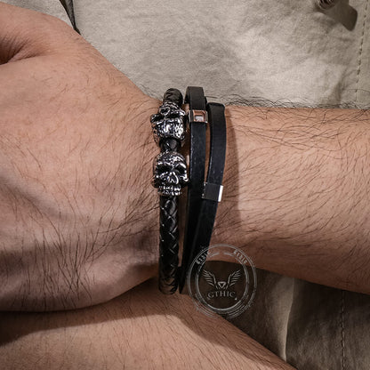 Gothic Double Skull Stainless Steel Leather Bracelet