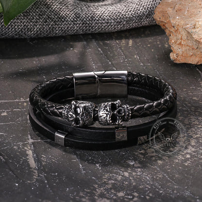 Gothic Double Skull Stainless Steel Leather Bracelet
