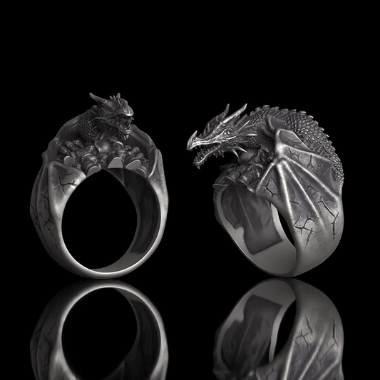 Gothic Flying Dragon Skulls Sterling Silver Ring