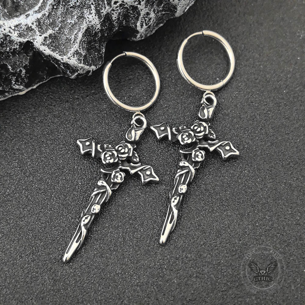 Gothic Forbidden Rose Cross Stainless Steel Hoop Earrings