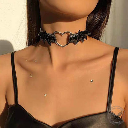 Gothic Heart Bat Wings Alloy Pu Leather Choker Necklace