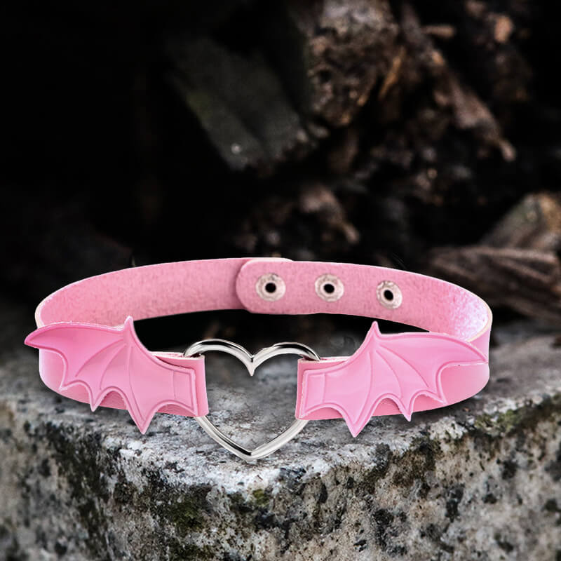 Gothic Heart Bat Wings Alloy Pu Leather Choker Necklace