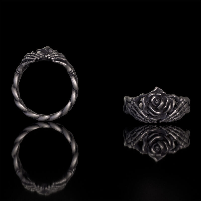 Gothic Heart Skull Hand Holding Rose Sterling Silver Ring
