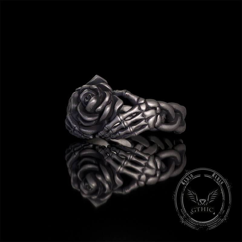 Gothic Heart Skull Hand Holding Rose Sterling Silver Ring