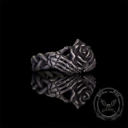 Gothic Heart Skull Hand Holding Rose Sterling Silver Ring