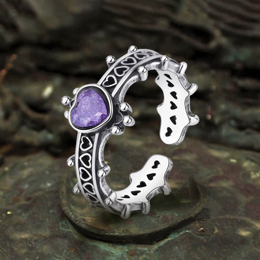 Gothic Heart Zircon Inlaid Crown Sterling Silver Open Ring