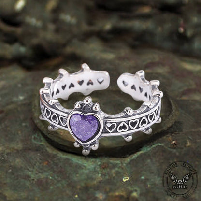 Gothic Heart Zircon Inlaid Crown Sterling Silver Open Ring