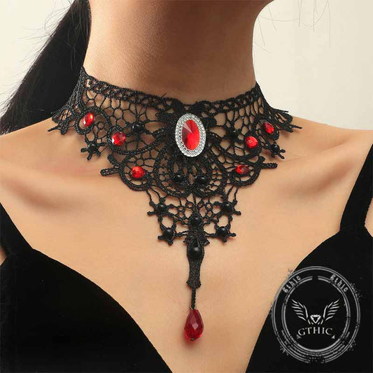 Gothic Lace Ruby Alloy Choker Necklace