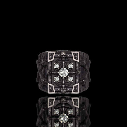 Gothic Multiple Skulls Cross Sterling Silver Zircon Ring
