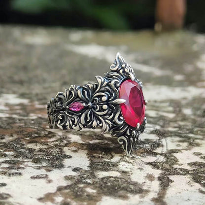 Gothic Pattern Inlaid Red Zircon Sterling Silver Ring