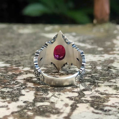 Gothic Pattern Inlaid Red Zircon Sterling Silver Ring