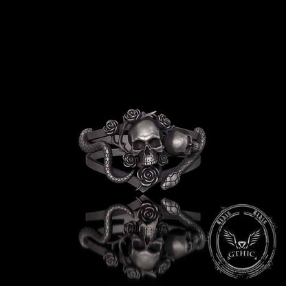 Gothic Rose Skull Snake Entwined Sterling Silver Ring