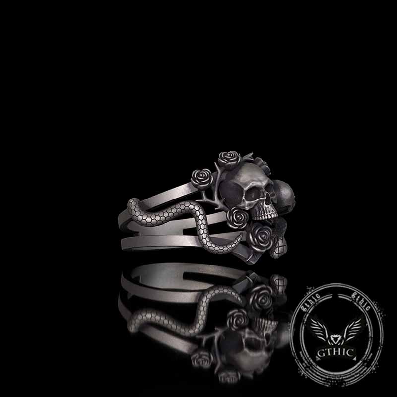 Gothic Rose Skull Snake Entwined Sterling Silver Ring