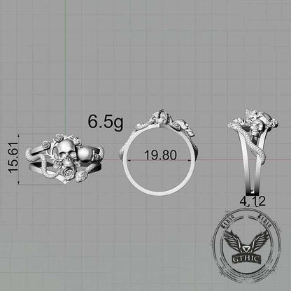 Gothic Rose Skull Snake Entwined Sterling Silver Ring