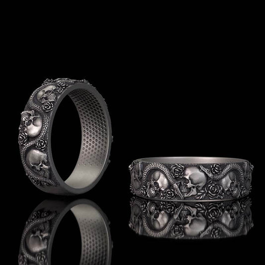 Gothic Rose Skull Snake Sterling Silver Ring