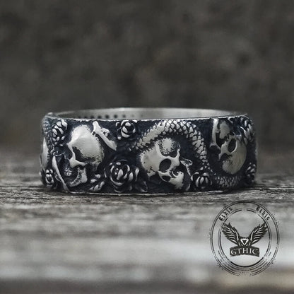 Gothic Rose Skull Snake Sterling Silver Ring