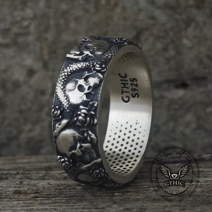 Gothic Rose Skull Snake Sterling Silver Ring