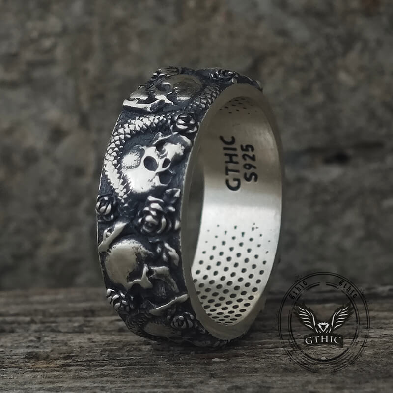 Gothic Rose Skull Snake Sterling Silver Ring