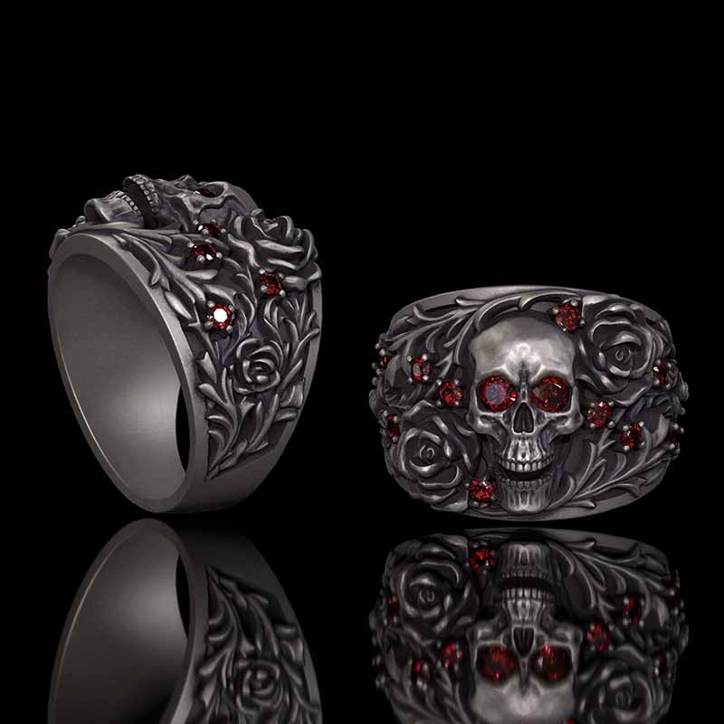 Gothic Rose Skull Sterling Silver Gemstone Ring