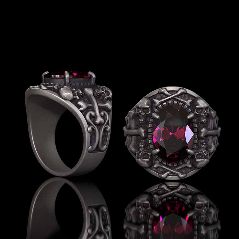 Gothic Skull Crossbones Sterling Silver Gem Ring
