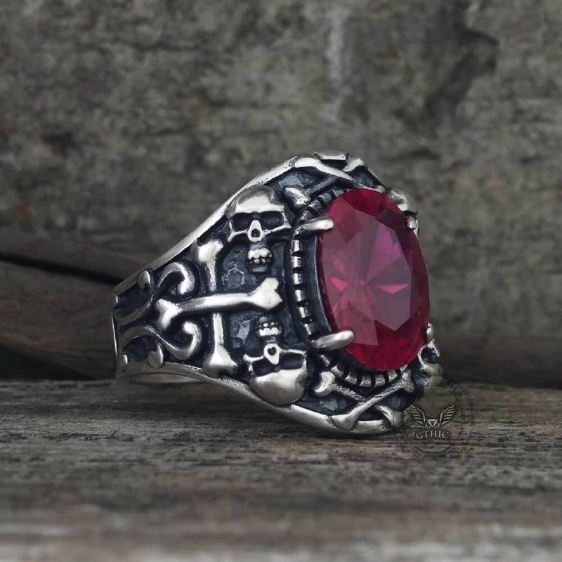 Gothic Skull Crossbones Sterling Silver Gem Ring