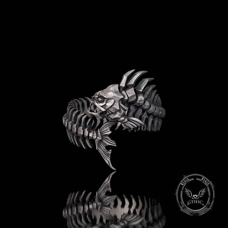 Gothic Skull Fishbone Spine Sterling Silver Open Ring