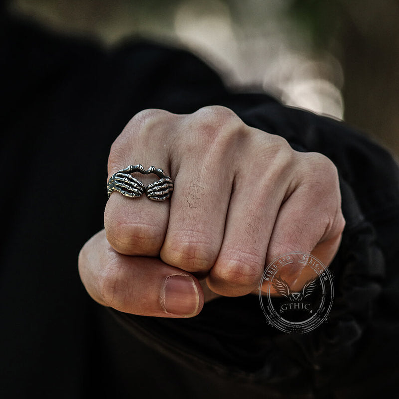 Gothic Skull Hand Heart Shaped Sterling Silver Ring