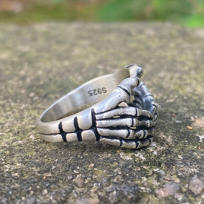 Gothic Skull Hand Heart Shaped Sterling Silver Ring