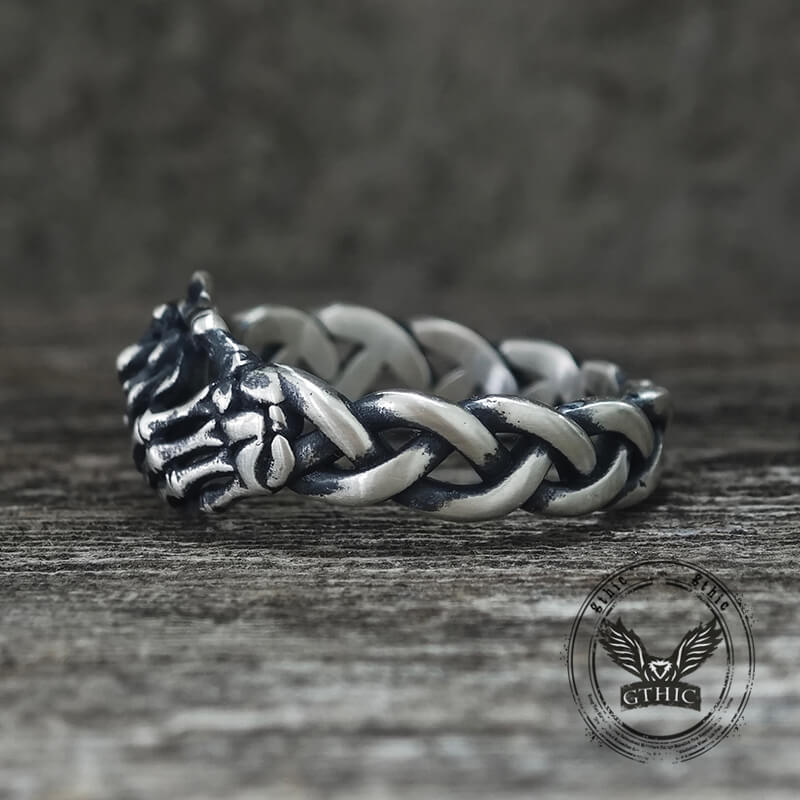 Gothic Skull Hand Holding Rose Sterling Silver Ring