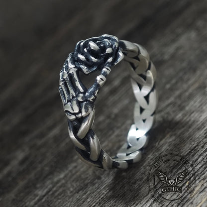 Gothic Skull Hand Holding Rose Sterling Silver Ring