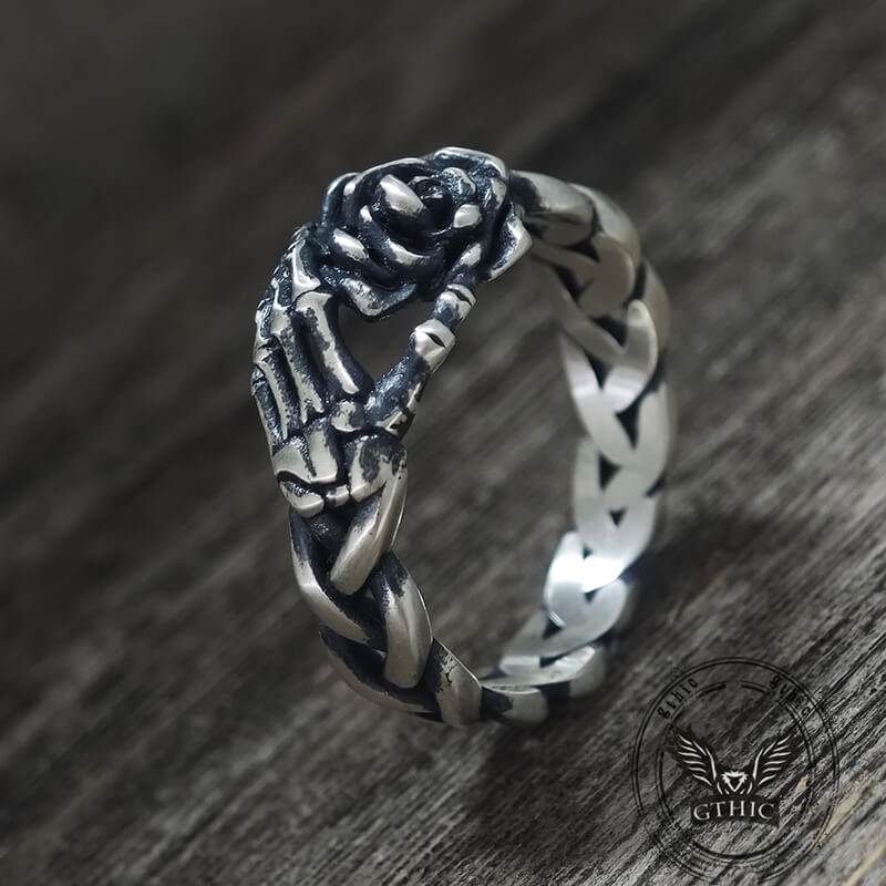 Gothic Skull Hand Holding Rose Sterling Silver Ring