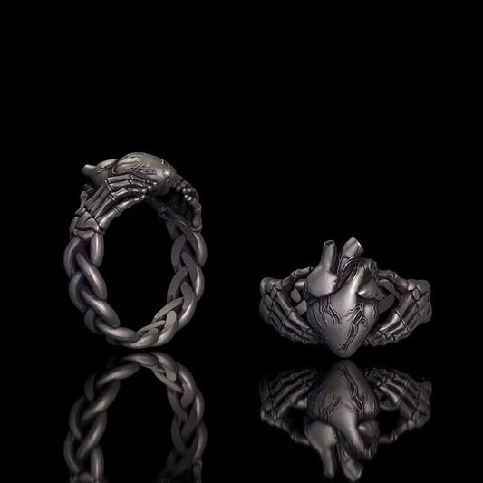 Gothic Skull Hands Holding Heart Sterling Silver Ring