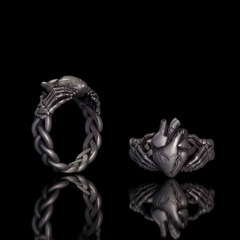 Gothic Skull Hands Holding Heart Sterling Silver Ring