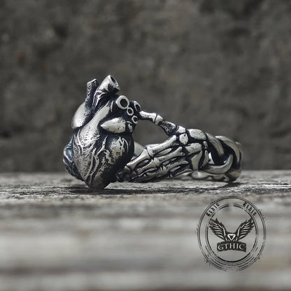 Gothic Skull Hands Holding Heart Sterling Silver Ring